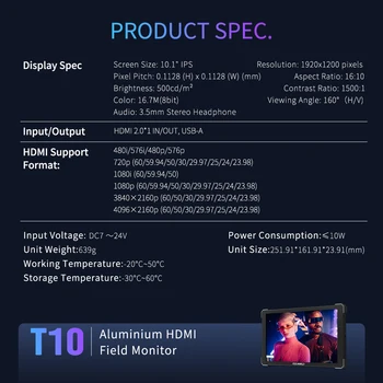 FEELWORLD T10 Professional DSLR Field Camera Monitor 10.1" Touch Screen  Aluminium OEM Factory Direct With NP-F Power Kit detail image