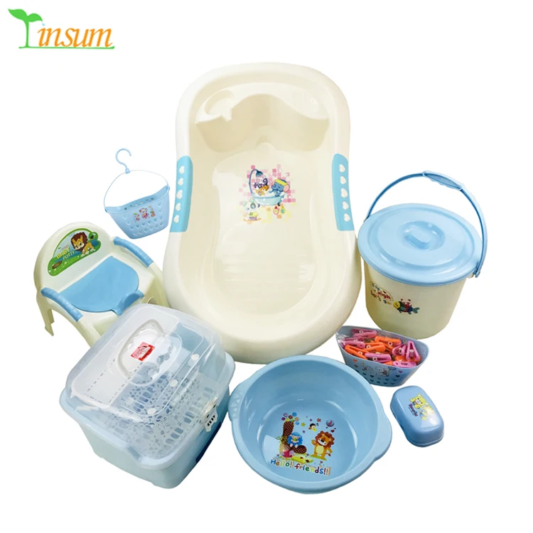 Baby bath tub 7pcs set supplies multi-layer storage cabinet plastic with bottle drying rack bucket basket