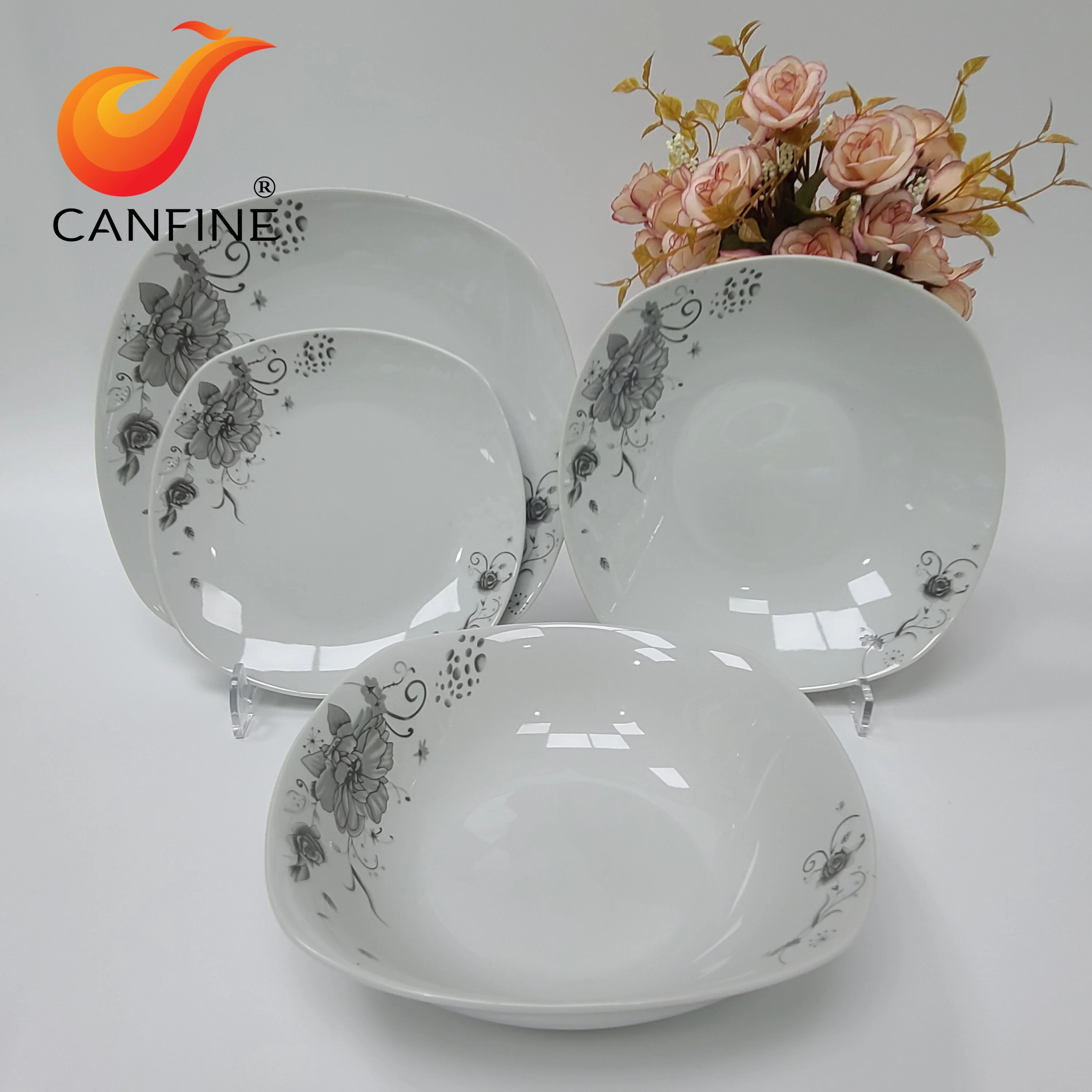 19pcs Square Shape Customized Restaurant Hotel European Fine White China Ceramic Crockery Porcelain Dinnerware Tableware Sets