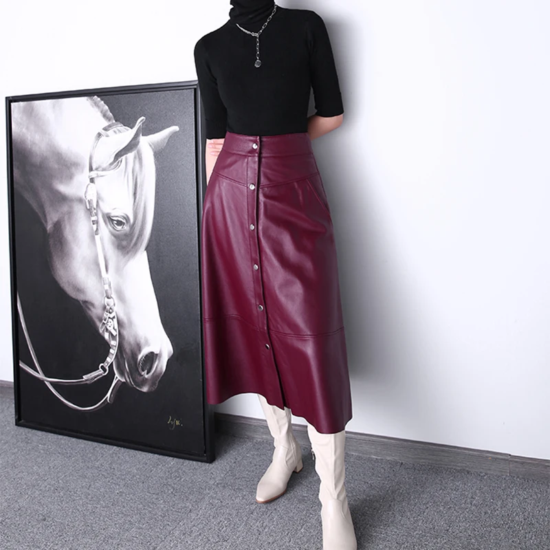 Spring 22 Ladies a Pattern New Fashion Wine Color Long Leather Skirt High Waist Real Leather Skirt With Placket Buttons