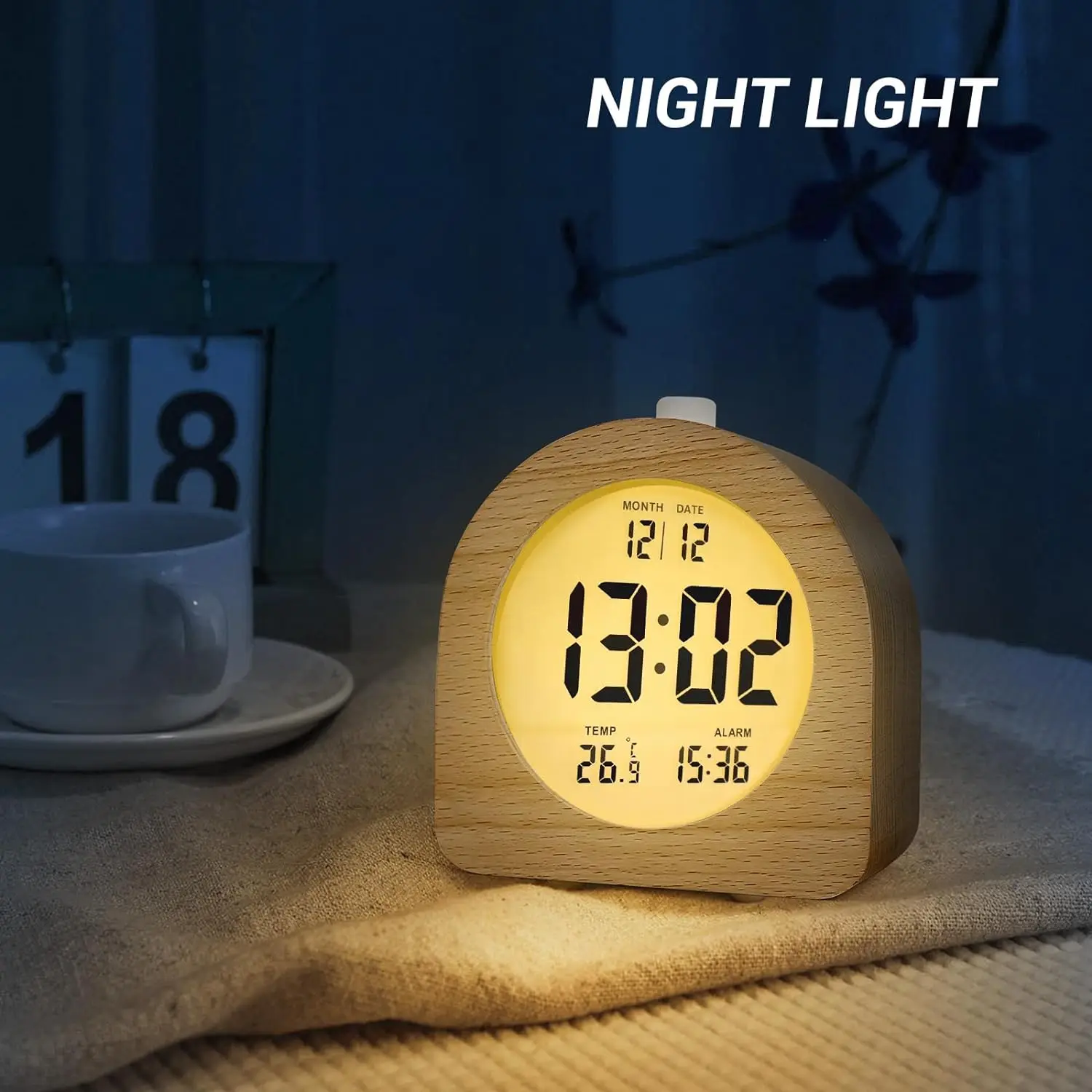 Eco-friendly Wooden LCD Digital Clock Desk Calendar Wood Alarm Clock with Night Light for Students