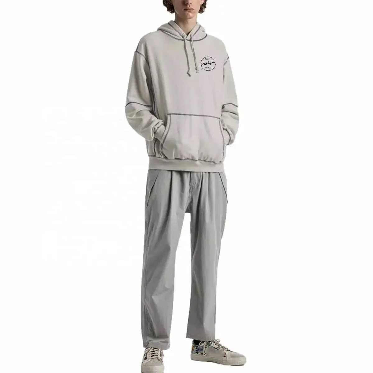 JL1103C Heavy Pullover Hoodie Men Oversized Cotton Plain Pullover Men’s Puff Printing Street Hoodie