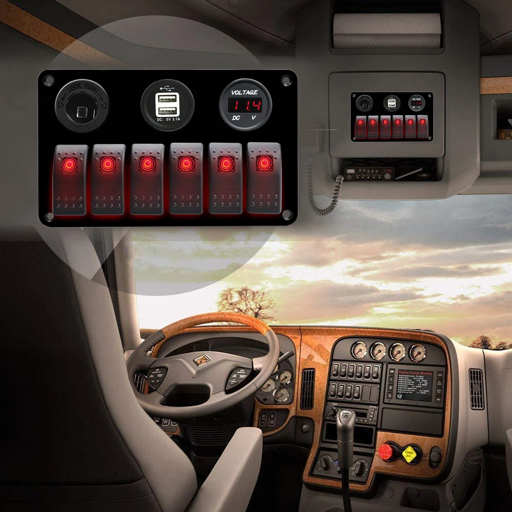 Wholesale DC 12V waterproof Rocker Switch Control Panel 6 Gang with USB Socket Voltmeter Cigarette Lighter Socket