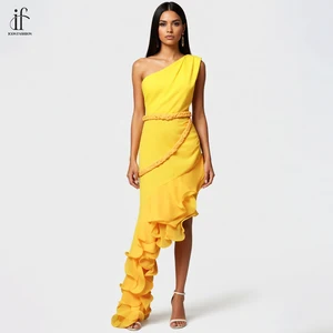 Custom Women's Ball Gown Floor-Length Party Dress  Asymmetrical Collar with Ruffles Natural Waistline Women Evening Dress