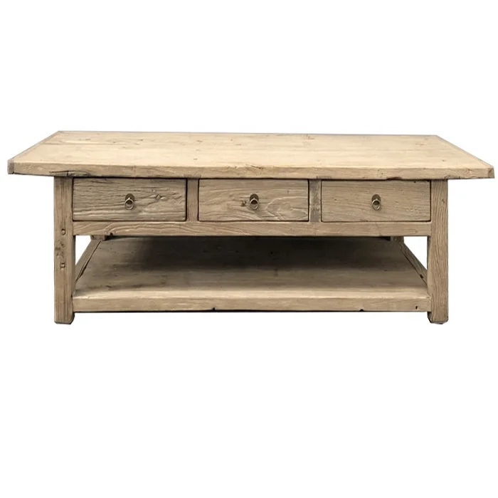 Antique Style Distressed Multifunctional Industrial Solid Wood Drawers Center Coffee Table
