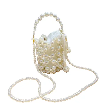 DIY Luxury Summer Beaded Evening Wedding Clutch Handmade Pearl Mini Fashion Fairy Cute Pearl Drawstring Bucket Bag