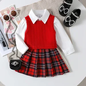 Kids Wear Manufacturers 2026 Autumn Winter Toddler Clothes Shirt Knit Vest Christmas Plaid Skirt 3pc High Quality Girls Clothing