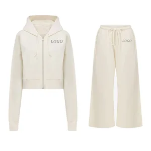 OEM Activewear Blank Sport Outfit Women Zipper-up Cotton Vintage Hoodies Tracksuit 2pcs Workout Cropped Fitted Jumper