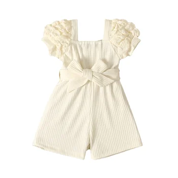 3 to 24M baby girls summer small square neckline bubble sleeve belt fashion Korean Style jumpsuit shorts baby clothing wholesale