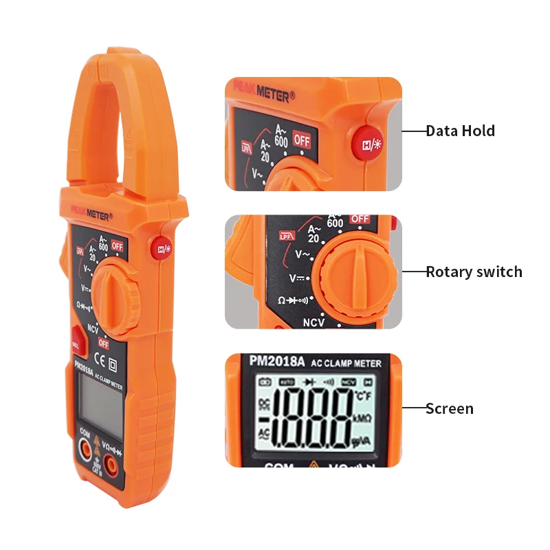PM2018A Portable Manual Range Clamp Meter Peakmeter Electrical Clamp Meter Multimeter With ACA Voltage Tester Measurement