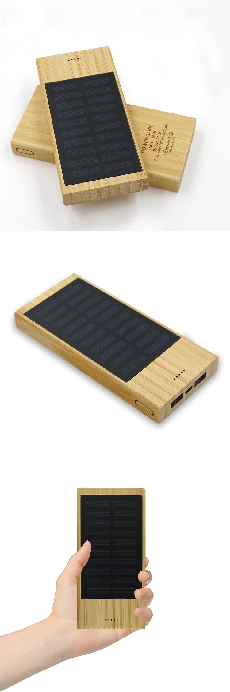 Outdoor Eco Friendly Bamboo Wooden Mobile Phone Portable Charger 10000mAh Solar Power Bank