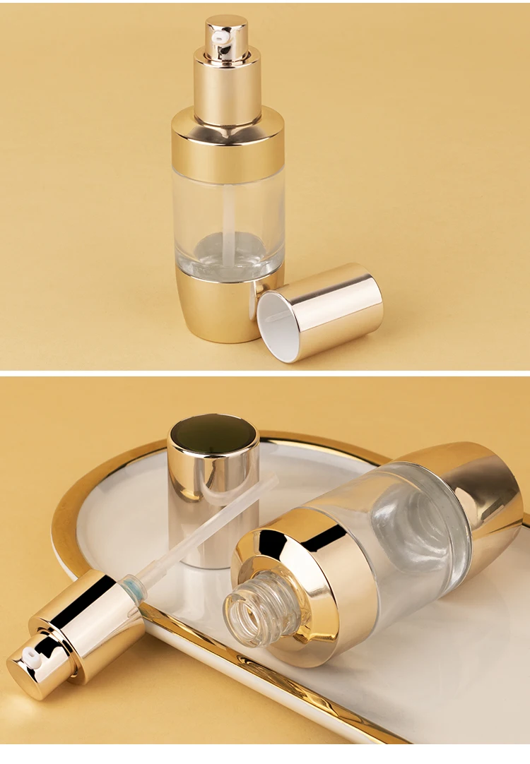 Luxury 30ml round skincare serum lotion bottle cosmetic bottle with gold lotion pump manufacture