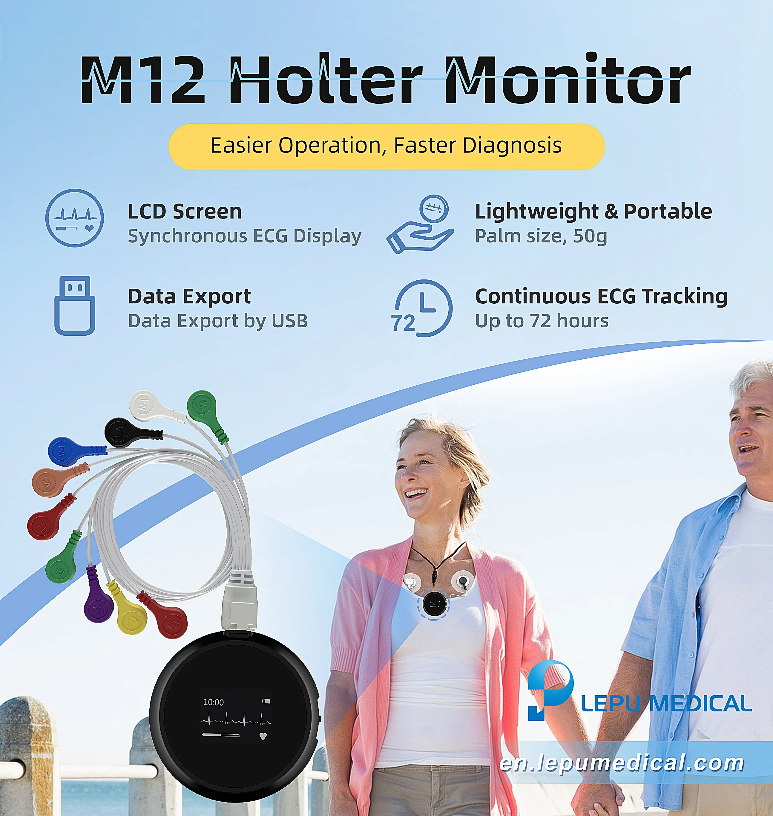 Lepu Advanced Mini Design Ecg Holter Monitor 12 Channels Handheld Ecg 3 Day Heart Monitor