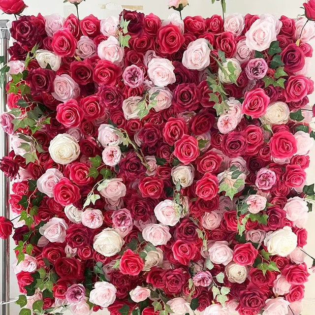 Custom Wedding Ceremony Environmental Protection Wedding Decoration Backdrop Artificial Silk Pink Roll up 3/5D Flower Wall