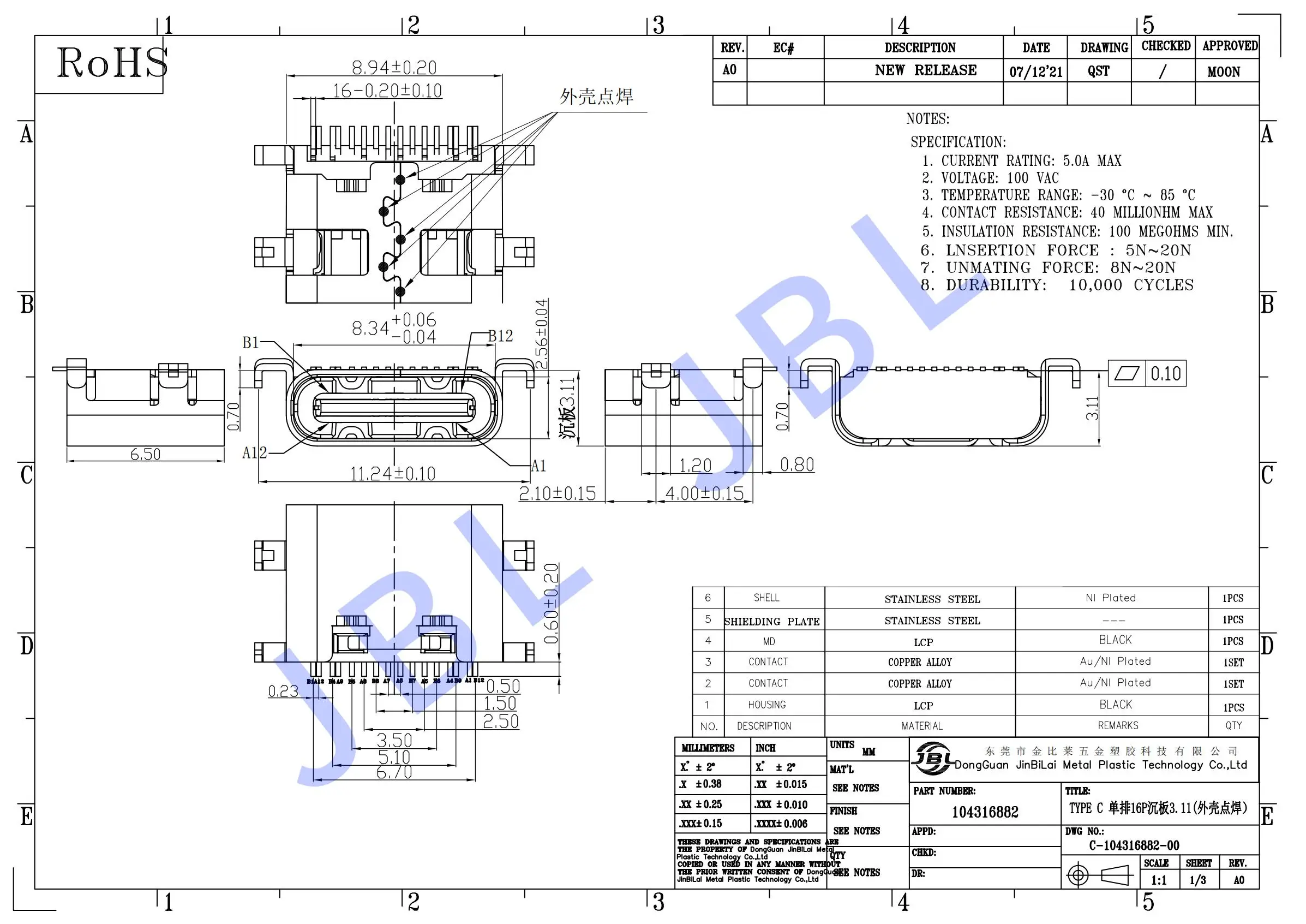 Submerged Plate Female Connector Type-c 16pin Single Row Usb Housing ...