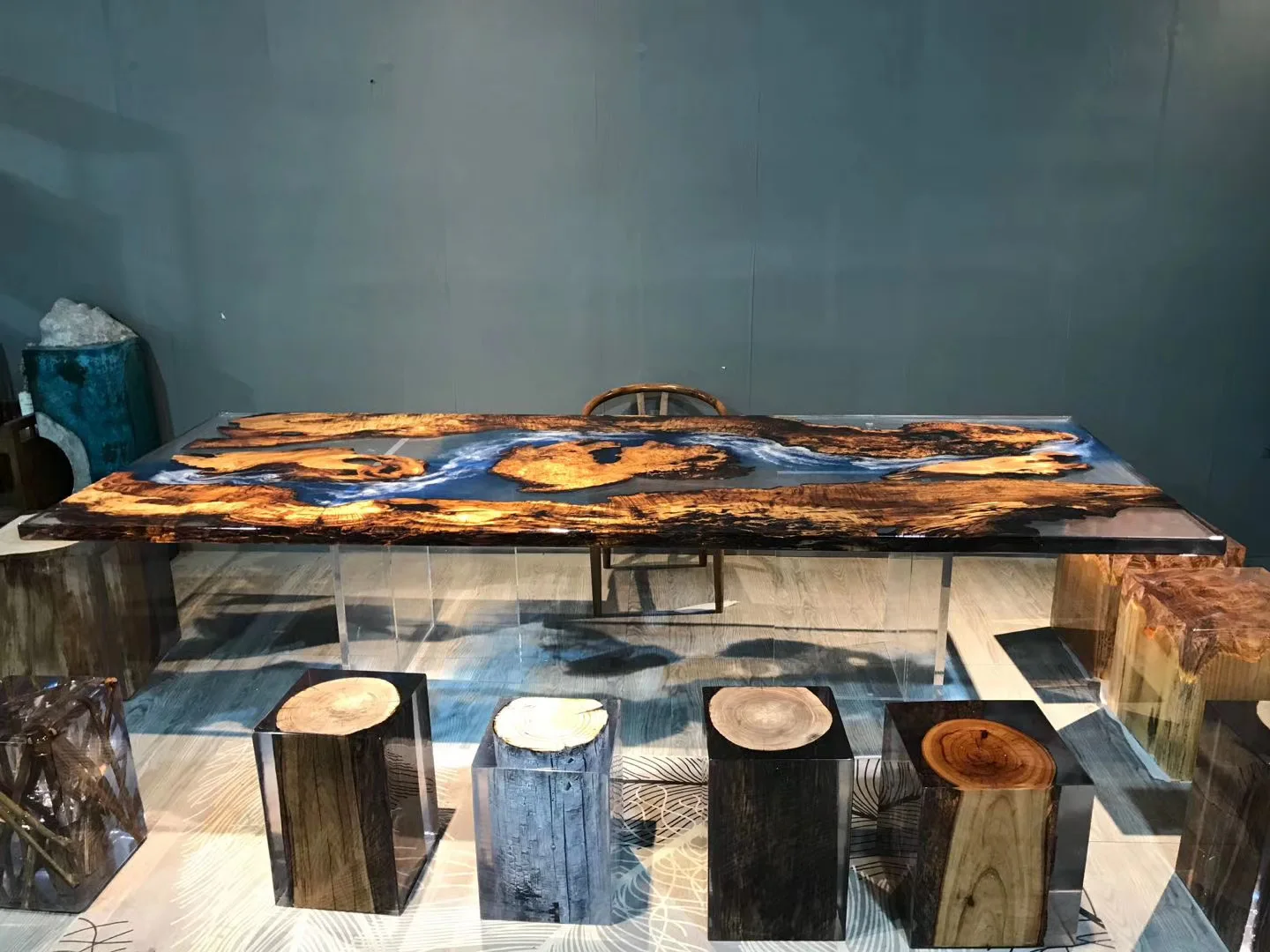 Высококачественный обеденный стол из ореховой смолы специального дизайна прозрачная вода синяя река эпоксидная