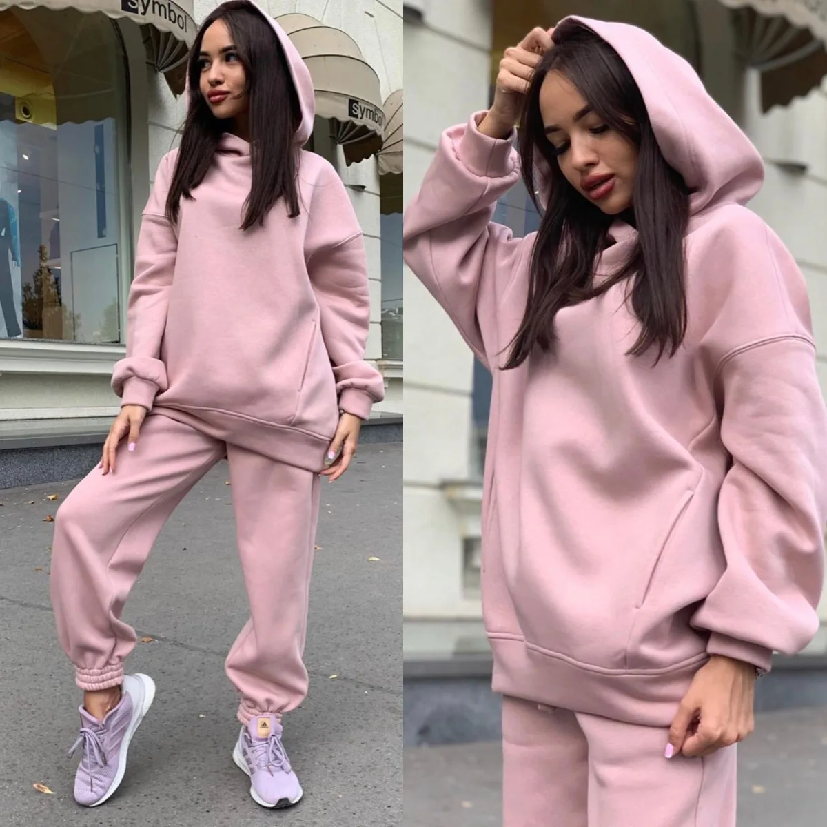 Autumn And Winter New Fashion Solid Hooded Sweater Casual Two-piece Set ...