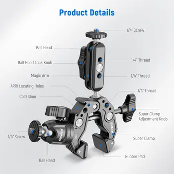 NEEWER Super Clamp with 3" Dual Ball Head Magic Arm Cold Shoe, 1/4" Threads, Phone/Action Camera Mount Adapter for Desk Tripod product image