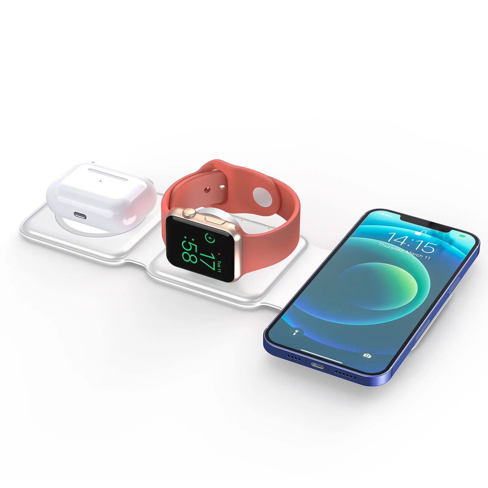 Custom Printing Logo Stand Magnetic Earbuds Watch Cellphone Foldable Multifunction Chargers 3 in 1 15W Wireless Charger
