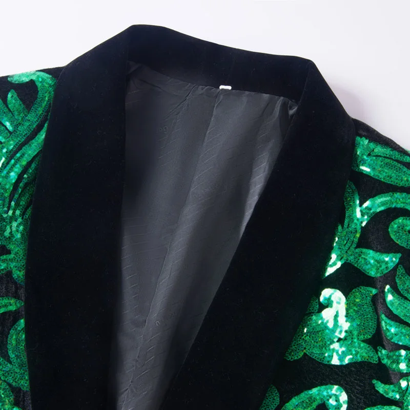 Men Spring Autumn Two Pieces Suits Sequins Velvet Green Floral Sequins Blazers Wedding Prom Stage DJ Singers Suit Jacket