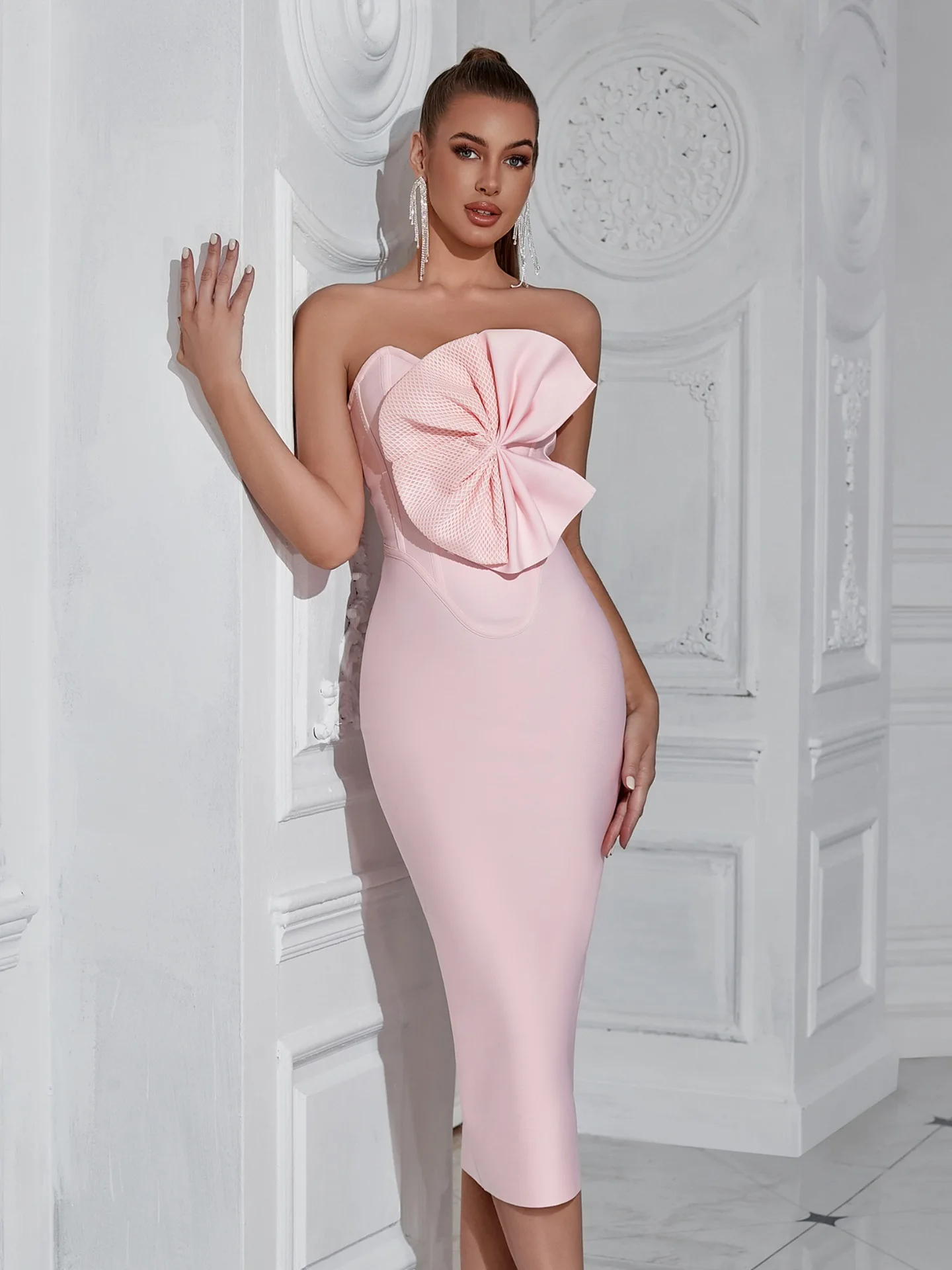 Women's Elegant Fashion Tailored Bodycon Cutout Pencil Dress Evening Gown Max Length Flowers Split Dress