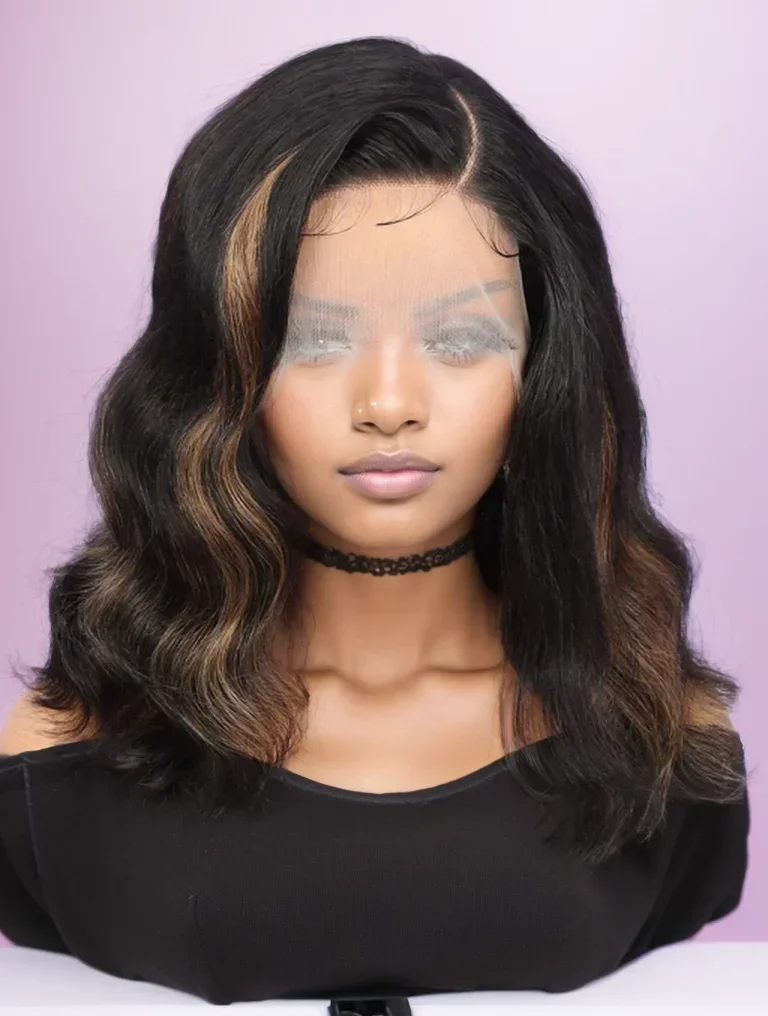 Hochdichte, gemischte Farben, Bob-Perücke mit gewelltem Echthaar, 13 x 5 x 1 Zoll, T-Teil, transparente Spitze vorne, vorgezupft für Frauen_voghion.com