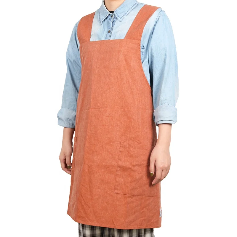 CHANGRONG Custom Japanese Style Cross Back Cotton Linen Sleeveless Garden Bib Apron with Pockets for Cleaning