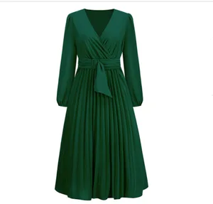 New Style Custom Elegant Official Ladies Dress Lantern Sleeve V-neck Midi Dress Women Plus Size Clothing Supports OEM