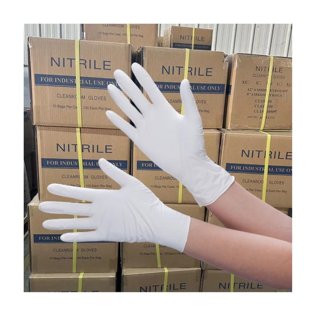 4mil Palm 6mil Fngertip Texture Dust Free Cleanroom 9 Inch 22cm Length White Blue Work ROHS Exam Nitrile Glove