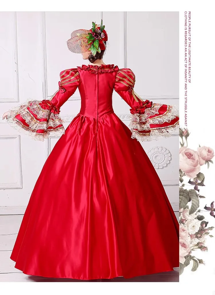 QQWZ525 18th Century Medieval Dress Women High Waist Horn Sleeve Princess  Lace Patchwork Satin Queen Renaissance Costume