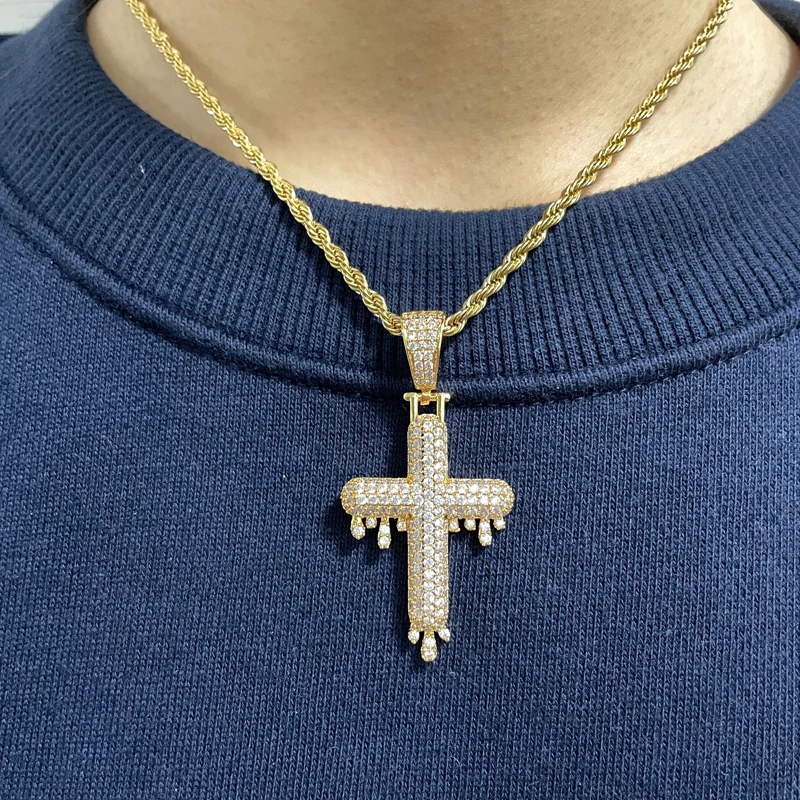 CZ Diamond Drip Crucifix Pendant Bling Gold Plated Charm Tiered Dripping Cross Necklace Religious Ice Out Jewelry Alibaba