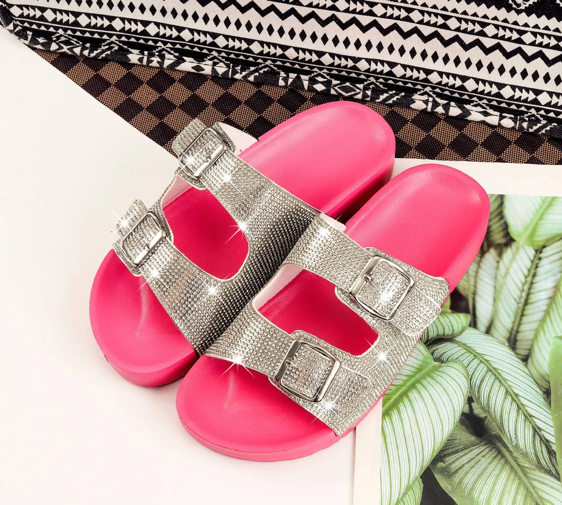 New Hot Sale Double Strap with bling diamond Sandals Slides Ladies Beach colorful Diamond Open Toe for Women Slippers PVC