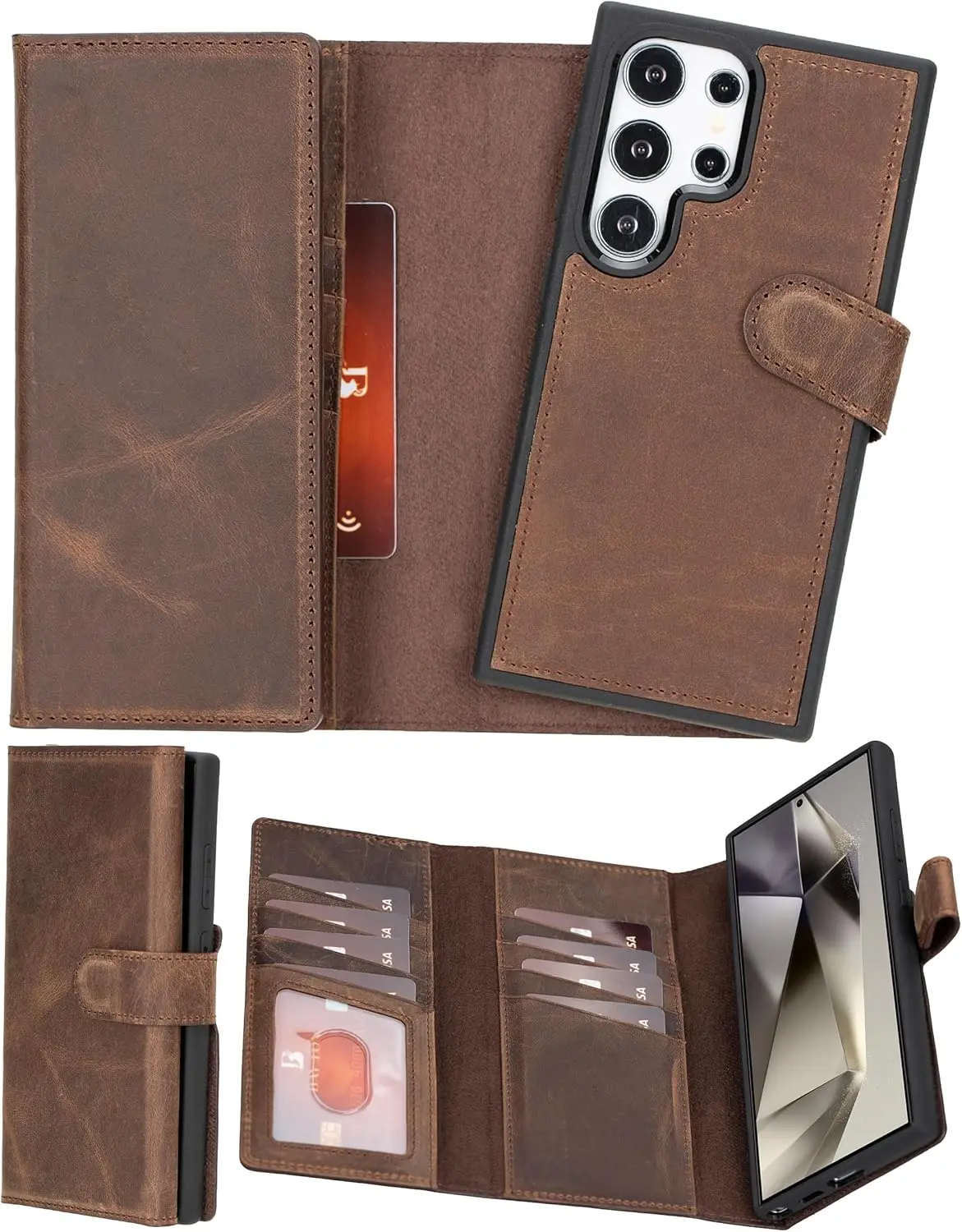 Genuine Leather Wallet Cases for Samsung Galaxy S25 S24 S23 Ultra Flip Detachable Magnetic Phone Case Card Holders 5 Cards