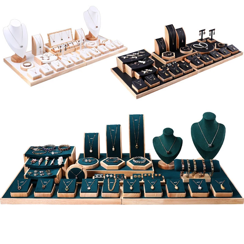 Luxury Beige Velvet Jewellery Display Props Wood Display Stand Jewelry