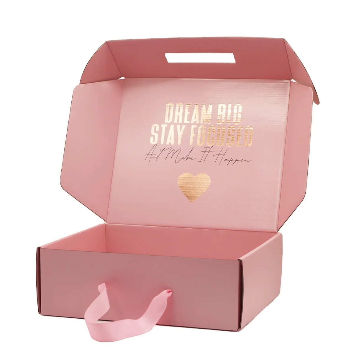 Pink Packing Boxes Cardboard Recyclable Corrugated Mailers Printing Custom Size Logo Cosmetic Shoe Hat Shipping Box with Handle