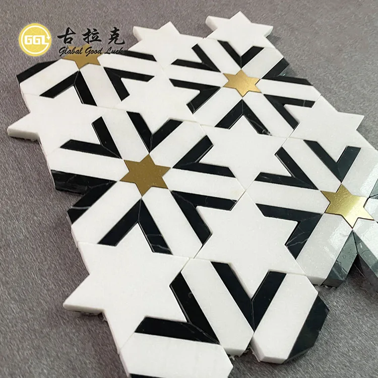 Star Shape Marble Mosaic Inlay With Star Brass Waterjet Mosaic Tile