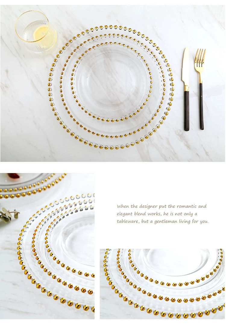 Aeofa Charger Plate Gold Dot Glass Charger Plates Gold Glass Gold Silver Rim Clear Beaded