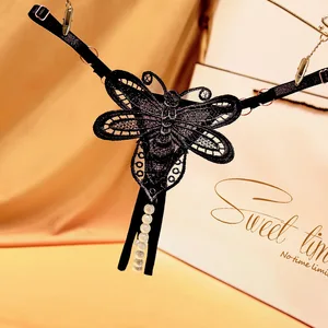 Women's Sexy Lace Low Waist G-String Pants Knitted Embroidered Butterfly Pattern Hollow Out Thong Sexy Lingeries  0538