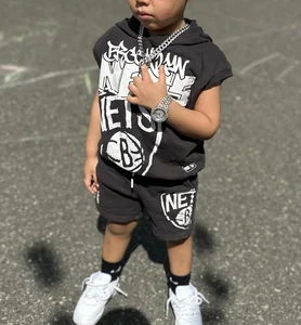 Custom Printed Sleeveless Hooded Sweatshirt Vest and Elastic Waisted Shorts Sports Suit Boys Summer Clothing Set for Street Wear