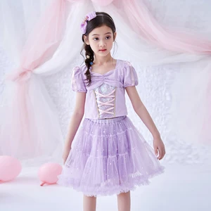 Girls' Sequins Kindergarten Princess Performance Costume Set New Summer 2-6Y Short-sleeved Mesh Cartoon Dress Ballet Polyester