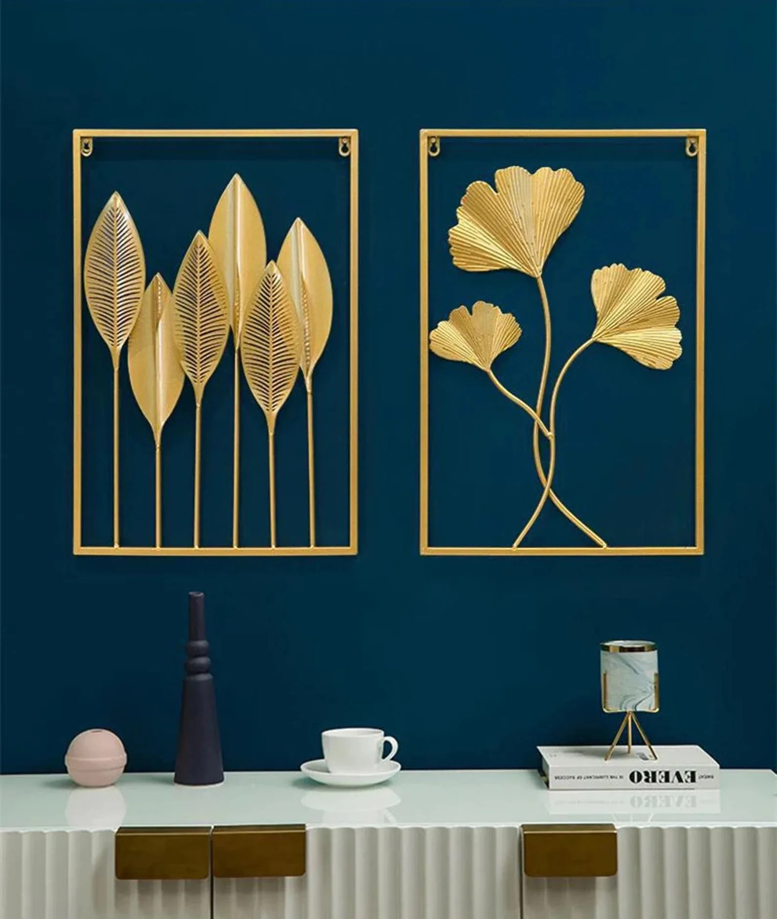 Gold Metal Wall Art Rectangle Living Room Wall Home Decor 3 Panels Leaf