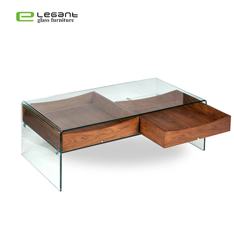 Bent Glass Center Table With Two Walnut Wood Drawers Buy Glass Coffee Tables Wood Glass Center Table Glass Top Center Table Design Product On Alibaba Com