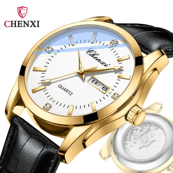 CHENXI Mens Watch Black Leather Strap Waterproof Luminous Date Week Quartz Watch Men Dual Calendar Fashion Business Clock Reloj