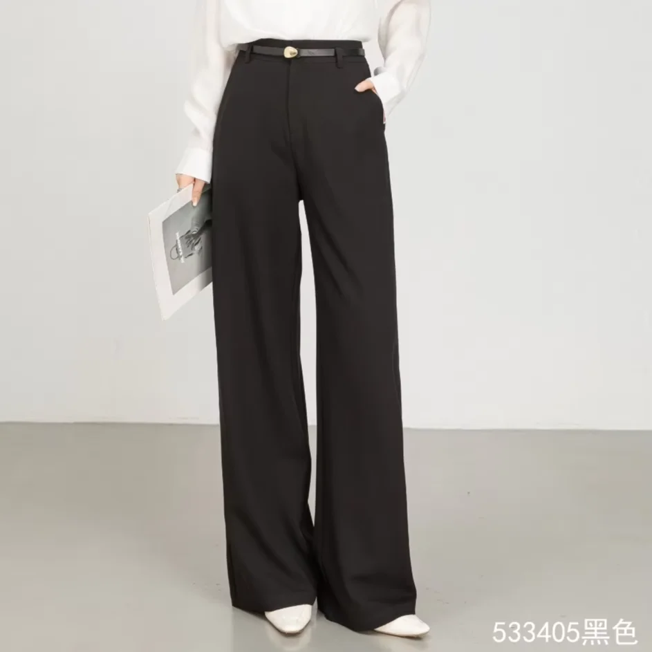 Lady's High-Waisted Wide-Leg Fall/Winter Office Pants-Breathable Plain Dyed Solid Color Long Straight-Leg Style for Women