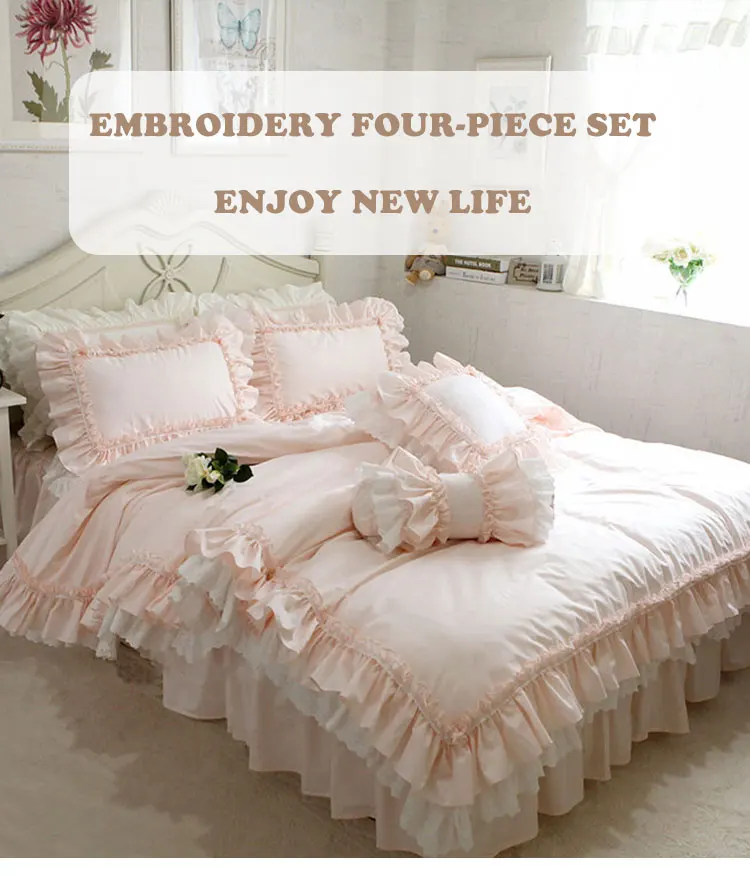 Delicate embroidery pink bridal wedding bedding set luxury for big celebration details