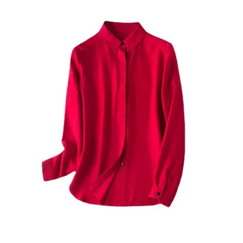 New dropshipping wholesale spring and autumn top quality ladies casual long sleeve silk red blouse and shirt women 100% silk