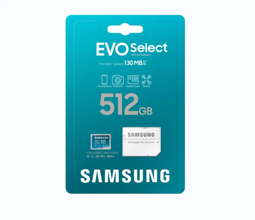 Адаптер для карт памяти Samsung EVO Select 64 ГБ 512 MicroSDXC UHS-I U3 A2 V30 130 Мб/с Full HD 4K UHD Android телефоны DVR пластик 10