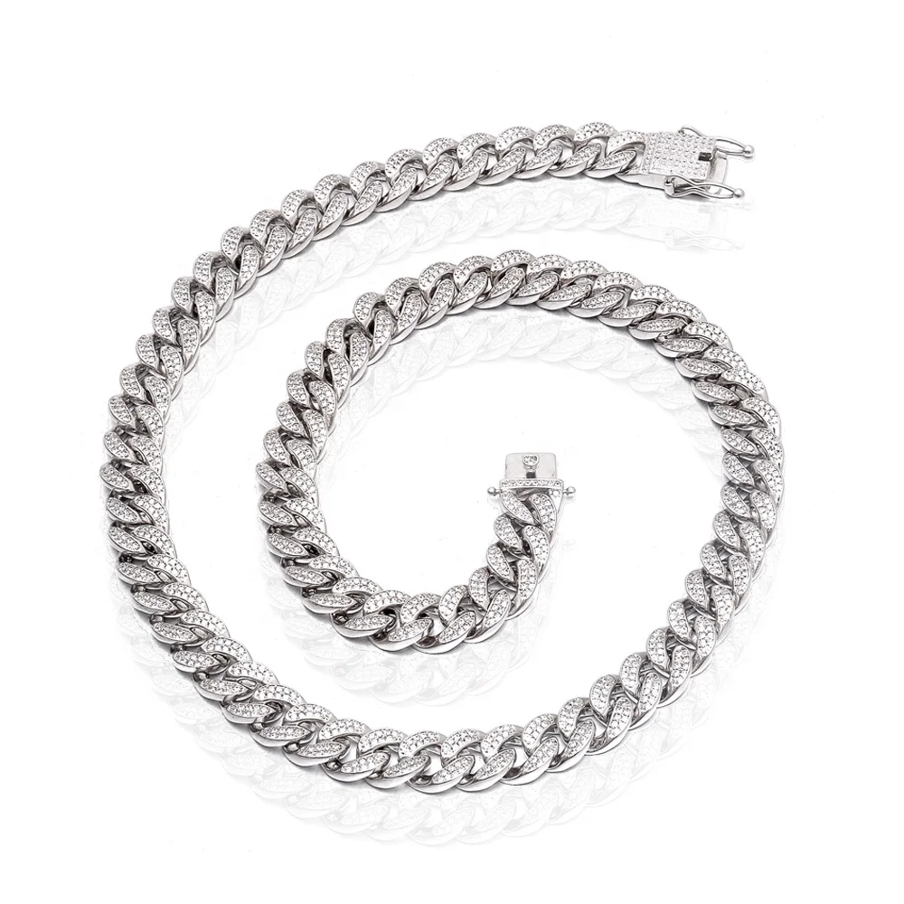 12mm 18inch Custom Sterling Silver Plated Hip Hop Plating White Gold Iced Out Men Design Necklace Miami Cuban Link Chain