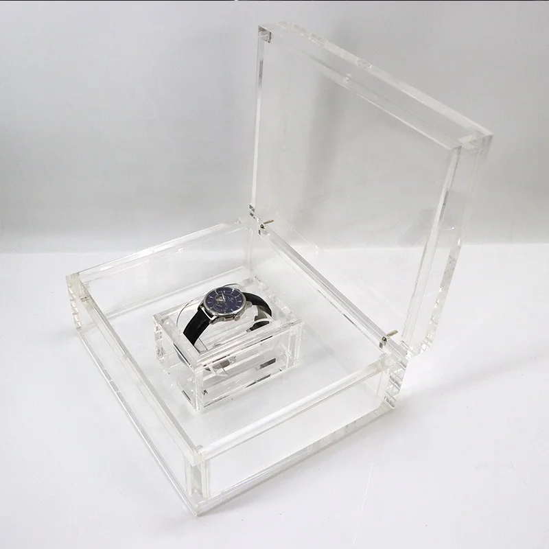 Custom Luxury Polish Transparent Acrylic Watch Display Box Premium Square Hinge Mens Watch Storage Holder Boxes & Cases with Lid