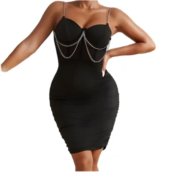 New Fashion Sexy Mesh Chain Black Slim-Fit Pleated Hip Bag Dress Babydoll Lingerie Women